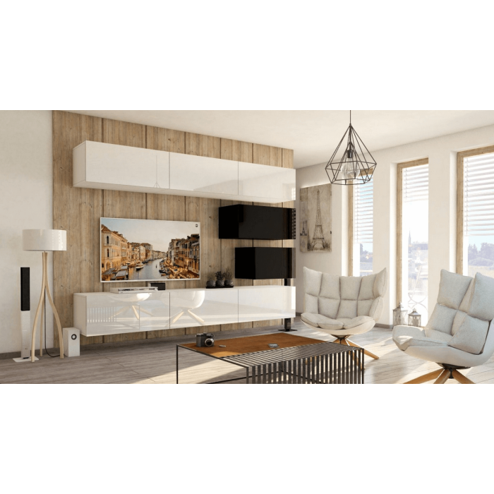 Ensemble de meubles de salon blanc et noir suspendus collection CEPTO XVI 249cm, 8 meubles, modulables.