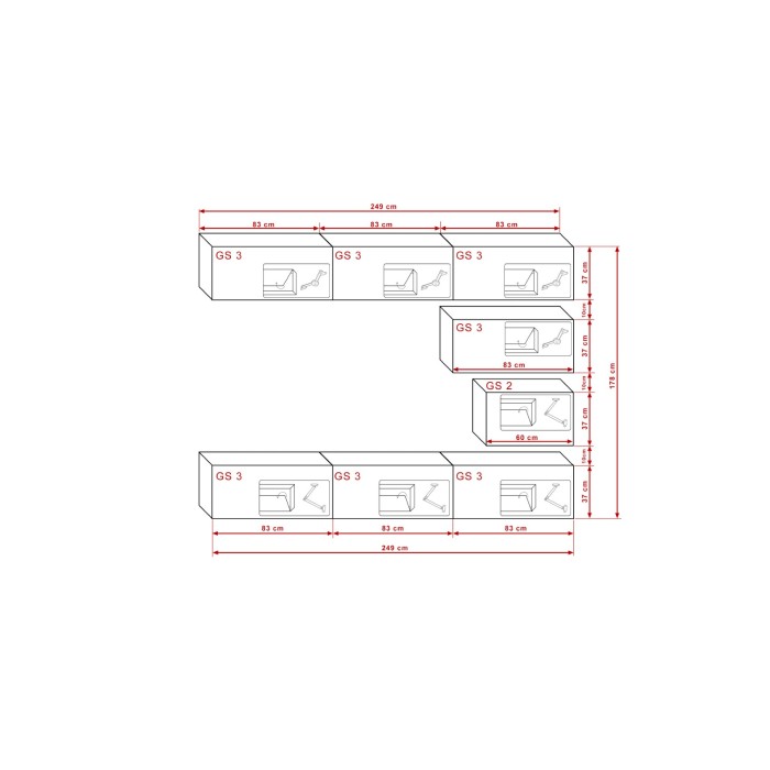 Ensemble de meubles de salon noir et blanc suspendus collection CEPTO XVI 249cm, 8 meubles, modulables.