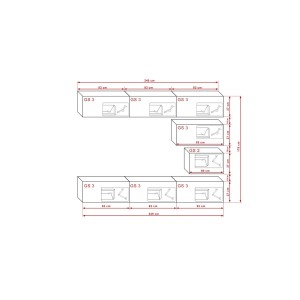 Ensemble de meubles de salon noir et blanc suspendus collection CEPTO XVI 249cm, 8 meubles, modulables.