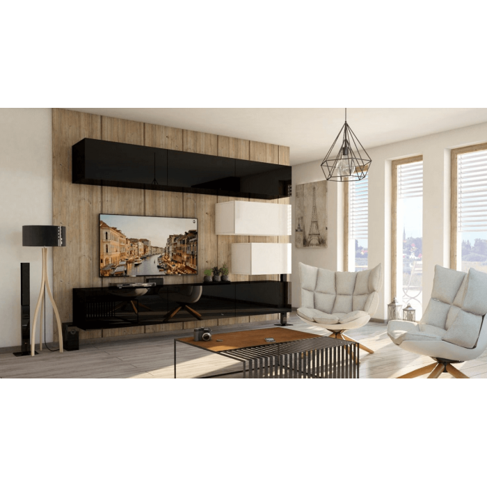 Ensemble de meubles de salon noir et blanc suspendus collection CEPTO XVI 249cm, 8 meubles, modulables.