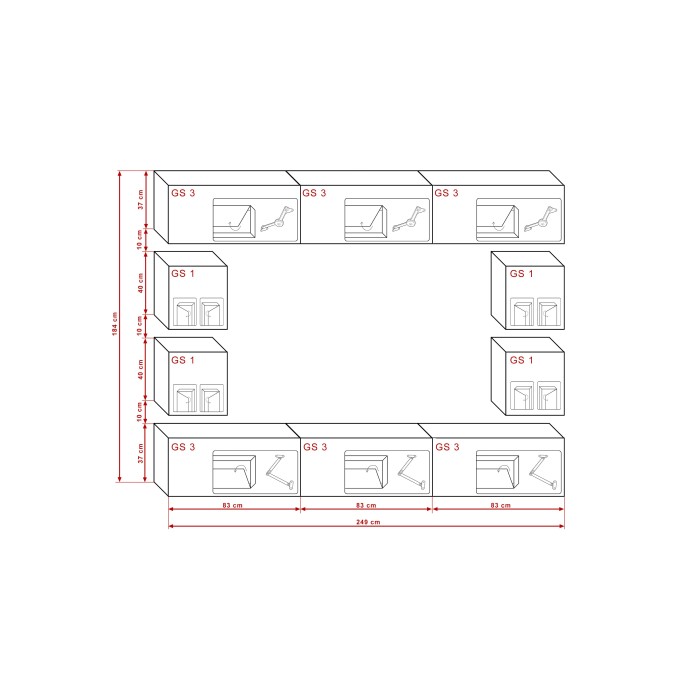 Ensemble de meubles de salon blanc suspendus collection CEPTO XVII 249cm, 10 meubles, leds, modulables.