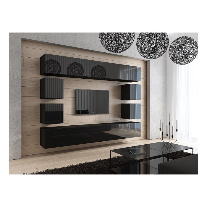 Ensemble de meubles de salon noir suspendus collection CEPTO XVII 249cm, 10 meubles, leds, modulables.