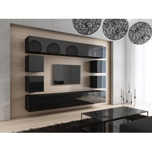 Ensemble de meubles de salon noir suspendus collection CEPTO XVII 249cm, 10 meubles, leds, modulables.