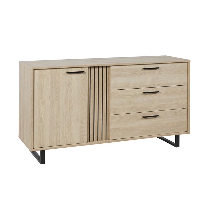 Buffet LOFT 165 cm – Chêne clair – 1 porte, 3 tiroirs – Pieds métal style scandinave