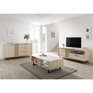 Buffet LOFT 165 cm – Chêne clair – 1 porte, 3 tiroirs – Pieds métal style scandinave