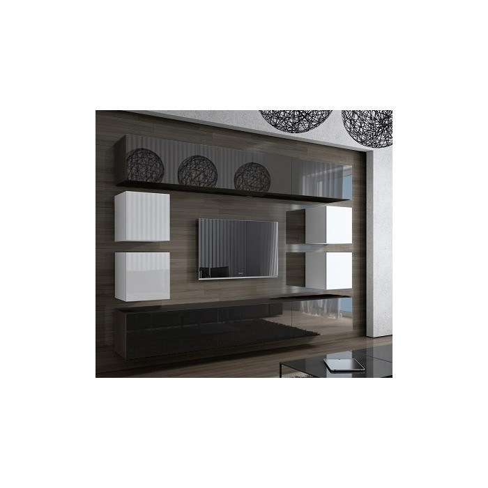 Ensemble de meubles de salon noir et blanc suspendus collection CEPTO XVII 249cm, 10 meubles, leds, modulables.