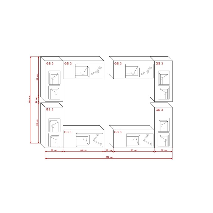 Ensemble de meubles de salon blanc suspendus collection CEPTO XX 260cm, 10 meubles, leds, modulables.