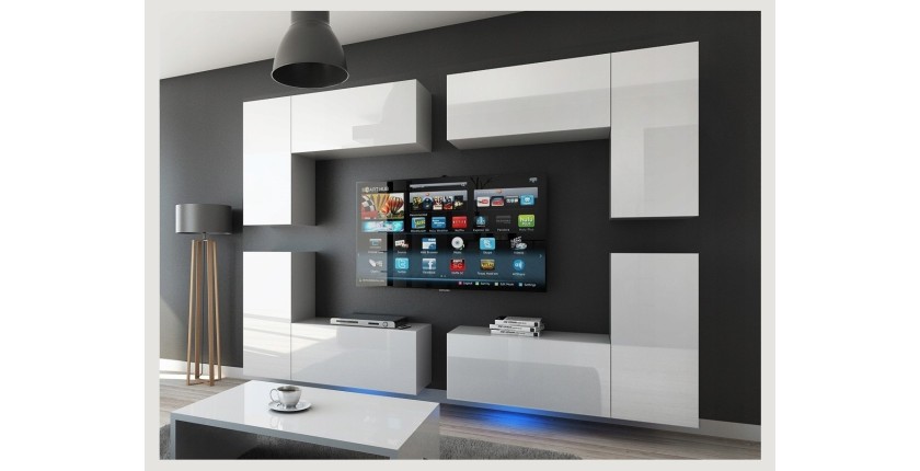 Ensemble de meubles de salon blanc suspendus collection CEPTO XX 260cm, 10 meubles, leds, modulables.