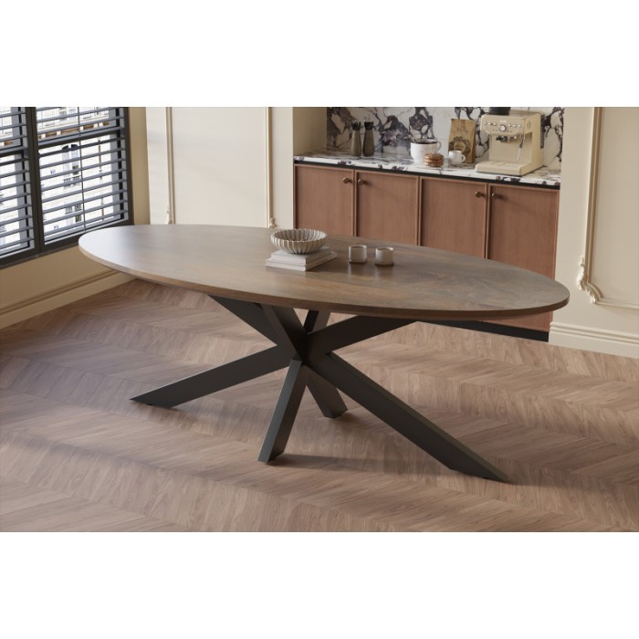 Table à manger FRANCHIA longueur 220cm en bois brut exotique mangolia vieilli