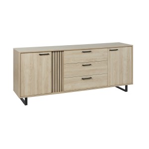 Buffet design 220cm avec 2 portes et 3 tiroirs pour salon couleur chêne clair collection LOFT pieds en métal