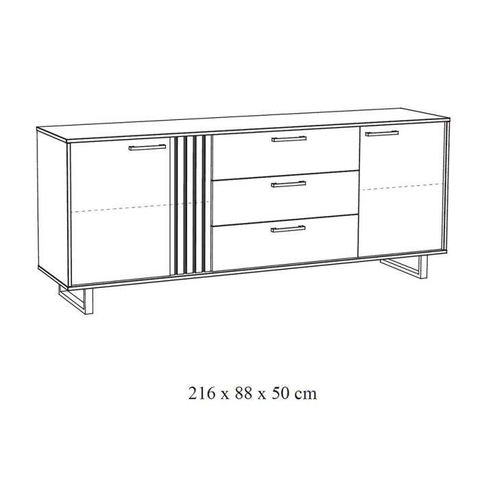 Buffet design 220cm avec 2 portes et 3 tiroirs pour salon couleur chêne clair collection LOFT pieds en métal