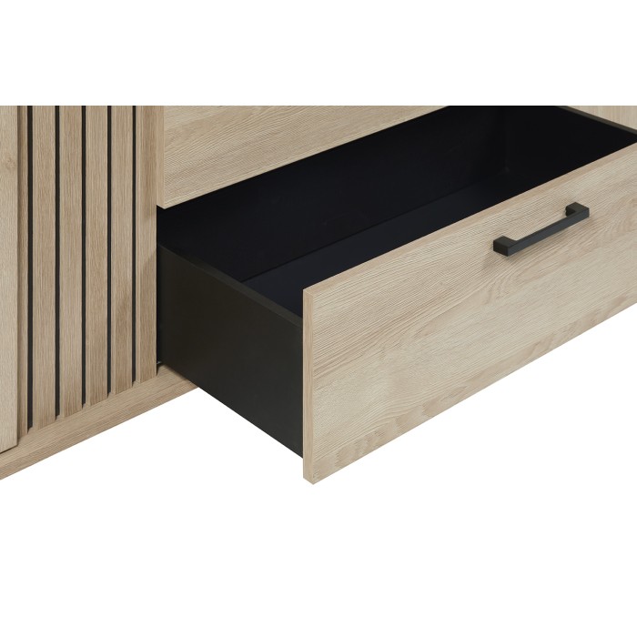 Buffet design 220cm avec 2 portes et 3 tiroirs pour salon couleur chêne clair collection LOFT pieds en métal