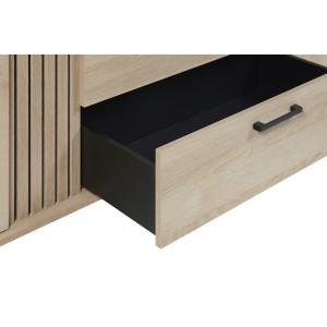 Buffet design 220cm avec 2 portes et 3 tiroirs pour salon couleur chêne clair collection LOFT pieds en métal