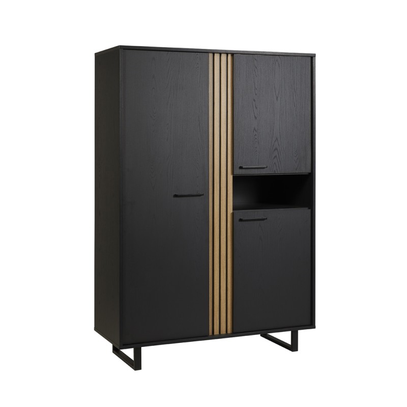 Meuble de rangement XL LOFT – 3 portes et 1 niche – Noir et chêne clair – Pieds en métal – L127 x H180 x P50 cm