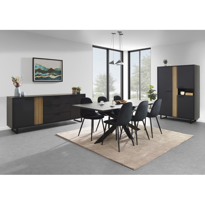 Meuble de rangement XL LOFT – 3 portes et 1 niche – Noir et chêne clair – Pieds en métal – L127 x H180 x P50 cm