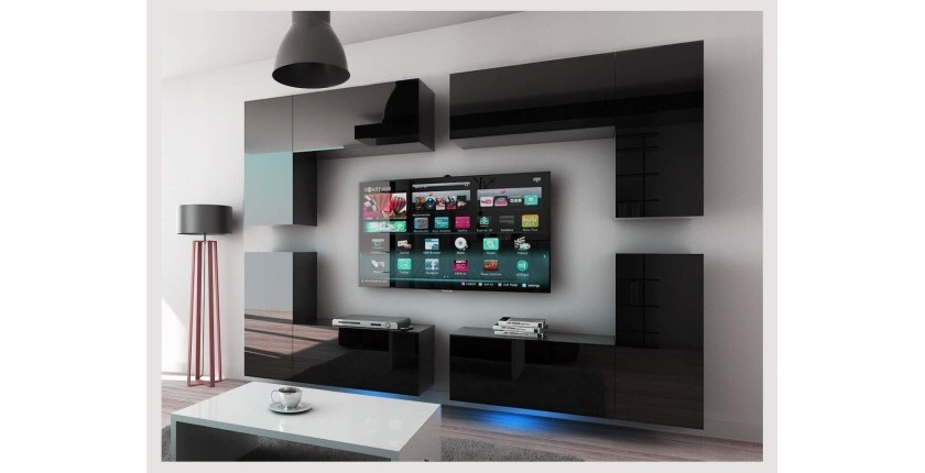 Ensemble de meubles de salon noir suspendus collection CEPTO XX 260cm, 8 meubles, leds, modulables.