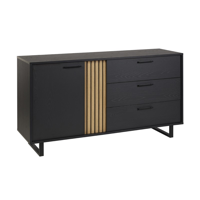 Buffet design 165 cm avec porte et 3 tiroirs pour salon, couleur noir et chêne, collection LOFT, pieds en métal