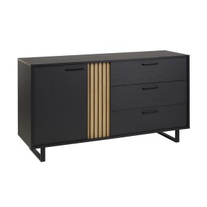 Buffet design 165 cm avec porte et 3 tiroirs pour salon, couleur noir et chêne, collection LOFT, pieds en métal