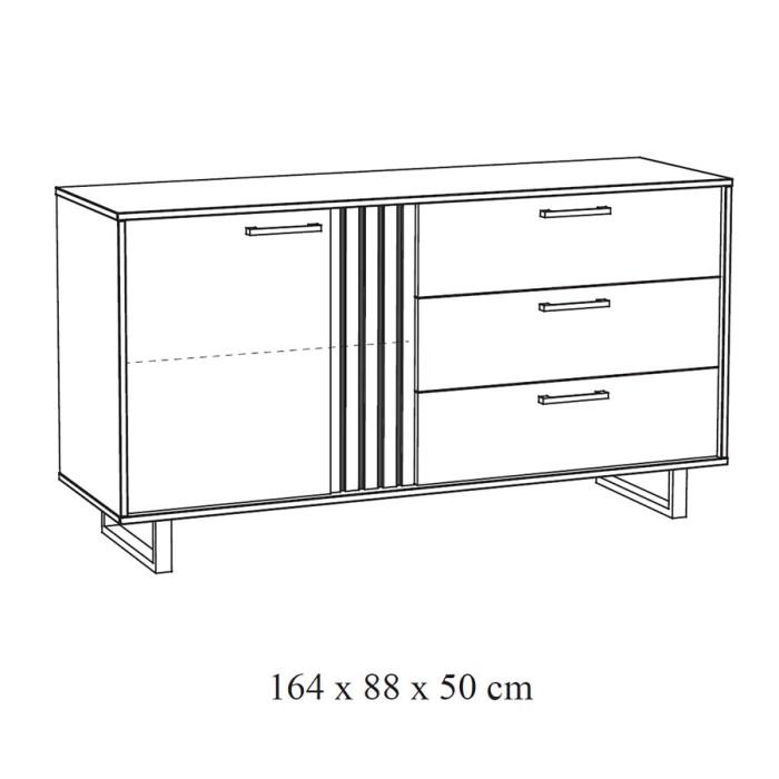 Buffet design 165 cm avec porte et 3 tiroirs pour salon, couleur noir et chêne, collection LOFT, pieds en métal
