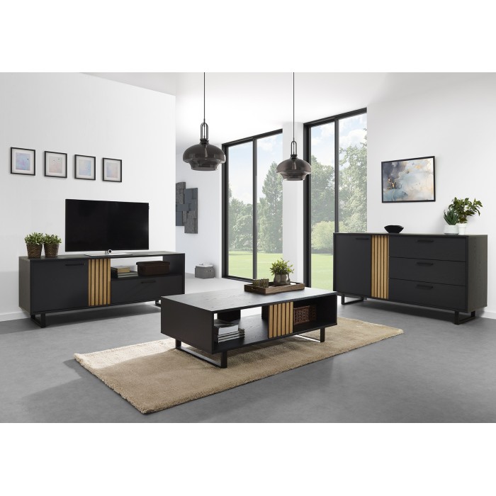 Buffet design 165 cm avec porte et 3 tiroirs pour salon, couleur noir et chêne, collection LOFT, pieds en métal