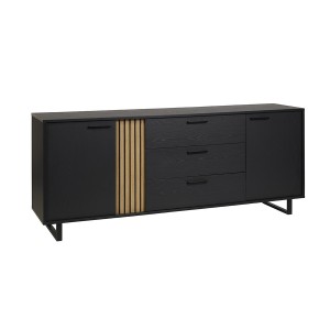 Buffet LOFT 220 cm – Chêne et noir  – 2 portes, 3 tiroirs – Pieds métal