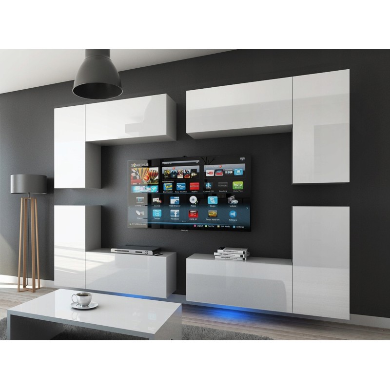 Ensemble de meubles de salon blanc suspendus collection CEPTO XX 276cm, 8 meubles, leds, modulables.