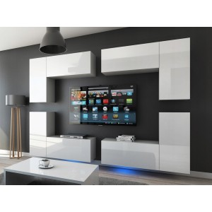 Ensemble de meubles de salon blanc suspendus collection CEPTO XX 276cm, 8 meubles, leds, modulables.