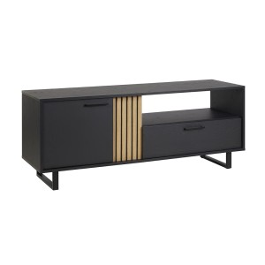 Meuble TV LOFT – Noir et chêne avec 2 portes et 1 niche – L164 x H64 x P50 cm