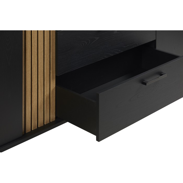 Meuble TV LOFT – Noir et chêne avec 2 portes et 1 niche – L164 x H64 x P50 cm