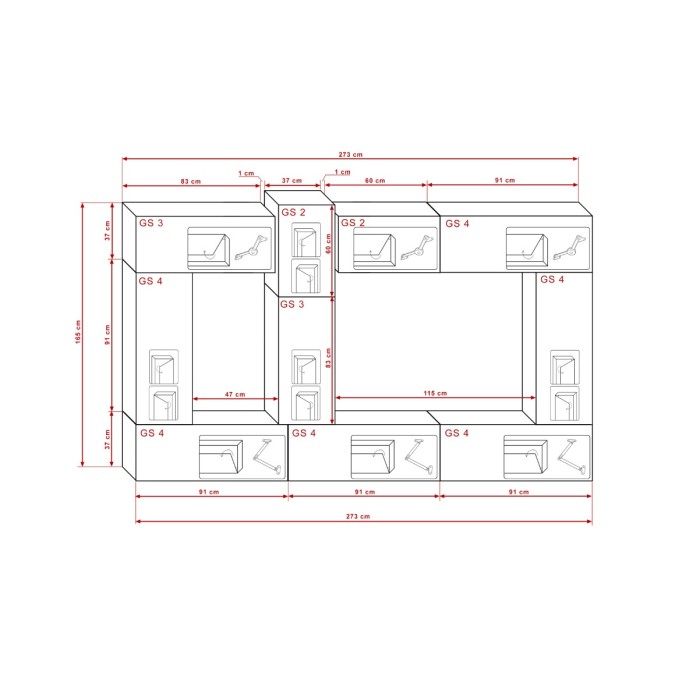 Ensemble de meubles de salon blanc suspendus collection CEPTO XXII. 273cm, 10 meubles, leds, modulables.