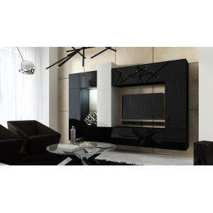 Ensemble de meubles de salon noir et blanc suspendus collection CEPTO XXII. 273cm, 10 meubles, leds, modulables.