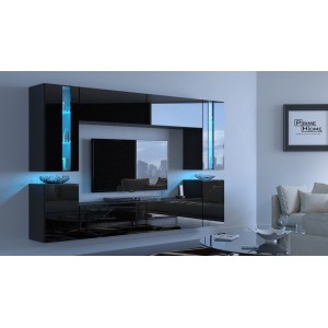 Ensemble de meubles de salon noir suspendus collection CEPTO XXIV. 256cm, 8 meubles, leds, modulables.