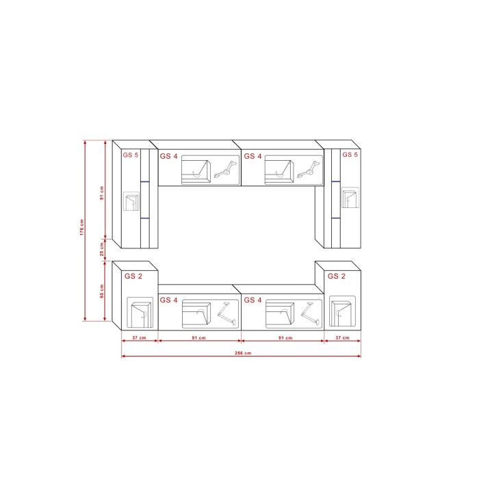 Ensemble de meubles de salon noir suspendus collection CEPTO XXIV. 256cm, 8 meubles, leds, modulables.