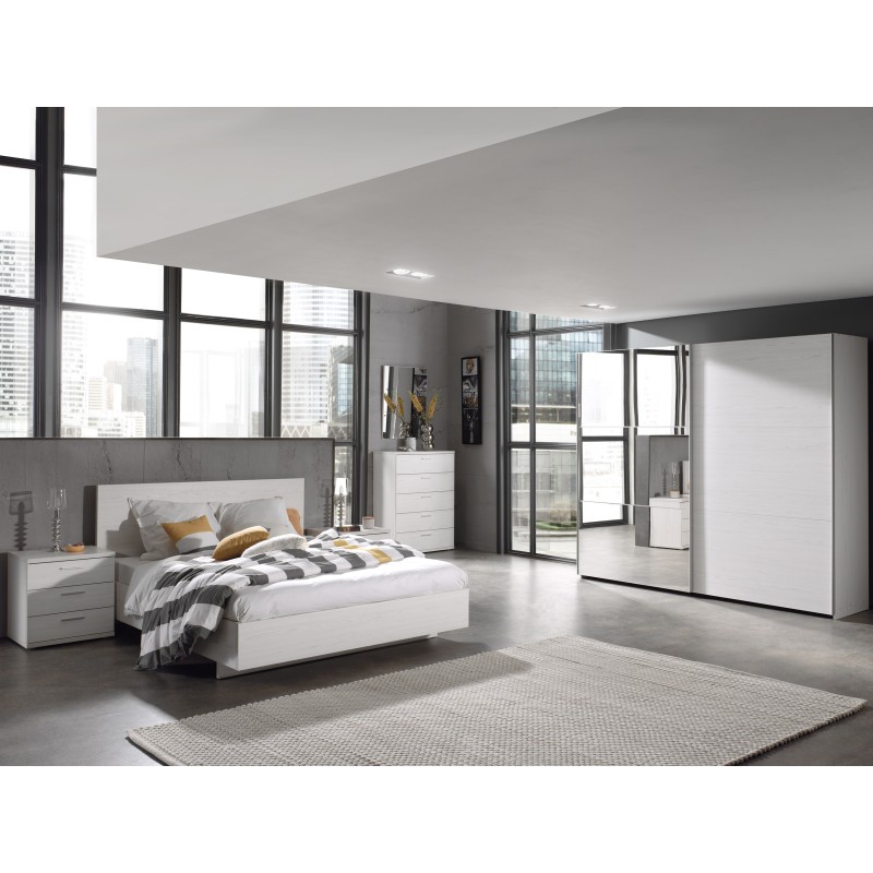 Chambre à coucher adulte collection OLVENA : Armoire 250cm, Lit 160x200, commode, chevets. Couleur blanc effet bois.