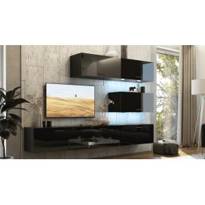 Ensemble de meubles de salon noir, suspendus collection CEPTO XXV. 249cm, 6 meubles, leds, modulables.