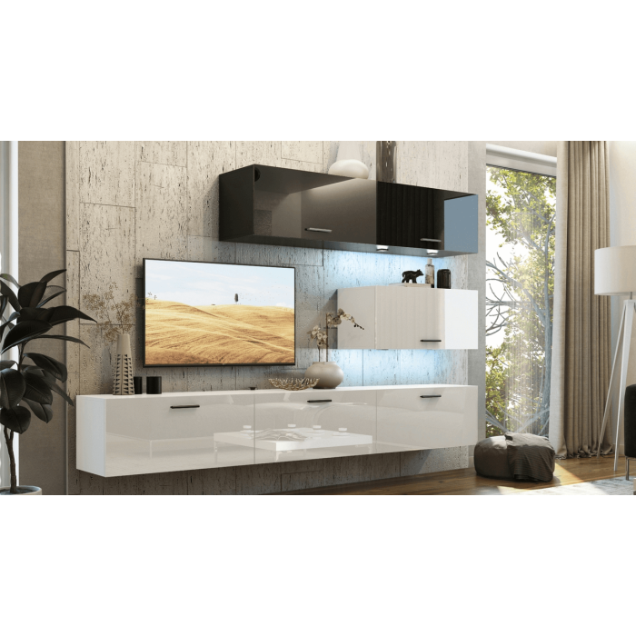 Ensemble de meubles de salon blanc et noir, suspendus collection CEPTO XXV. 249cm, 6 meubles, leds, modulables.