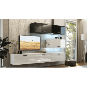 Ensemble de meubles de salon blanc et noir, suspendus collection CEPTO XXV. 249cm, 6 meubles, leds, modulables.