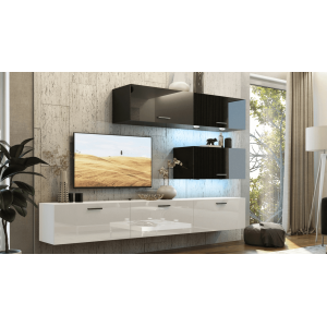 Ensemble de meubles de salon noir et blanc, suspendus collection CEPTO XXV. 249cm, 6 meubles, leds, modulables.
