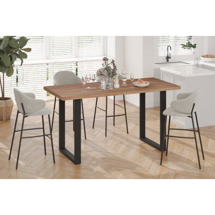 Table à manger haute EDWAR longueur 180cm en décor chêne vieilli, idéal pour une salle à manger conviviale