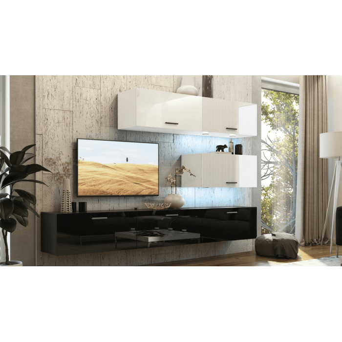 Ensemble de meubles de salon blanc et noir, suspendus collection CEPTO XXV. 249cm, 6 meubles, leds, modulables.