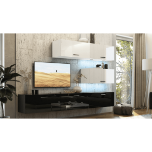 Ensemble de meubles de salon blanc et noir, suspendus collection CEPTO XXV. 249cm, 6 meubles, leds, modulables.