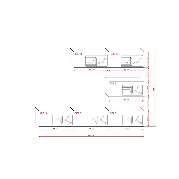 Ensemble de meubles de salon blanc et noir, suspendus collection CEPTO XXV. 249cm, 6 meubles, leds, modulables.
