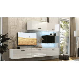 Ensemble de meubles de salon blanc et noir, suspendus collection CEPTO XXV. 249cm, 6 meubles, leds, modulables.