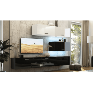 Ensemble de meubles de salon haut blanc et bas noir, suspendus collection CEPTO XXV. 249cm, 6 meubles, leds, modulables.