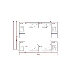 Ensemble de meubles de salon blanc, suspendus collection CEPTO XXVII. 240cm, 8 meubles, leds, modulables.