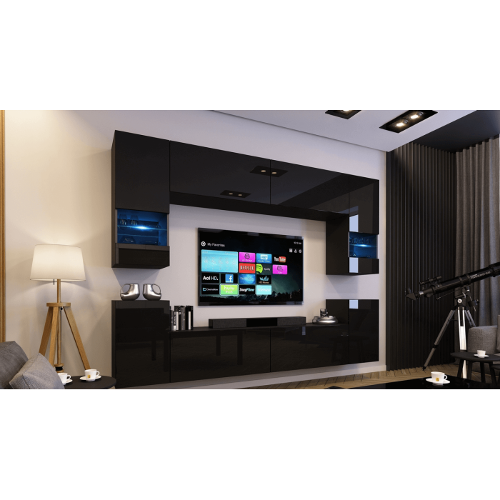 Ensemble de meubles de salon noir, suspendus collection CEPTO XXVII. 240cm, 8 meubles, leds, modulables.