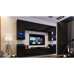 Ensemble de meubles de salon noir, suspendus collection CEPTO XXVII. 240cm, 8 meubles, leds, modulables.