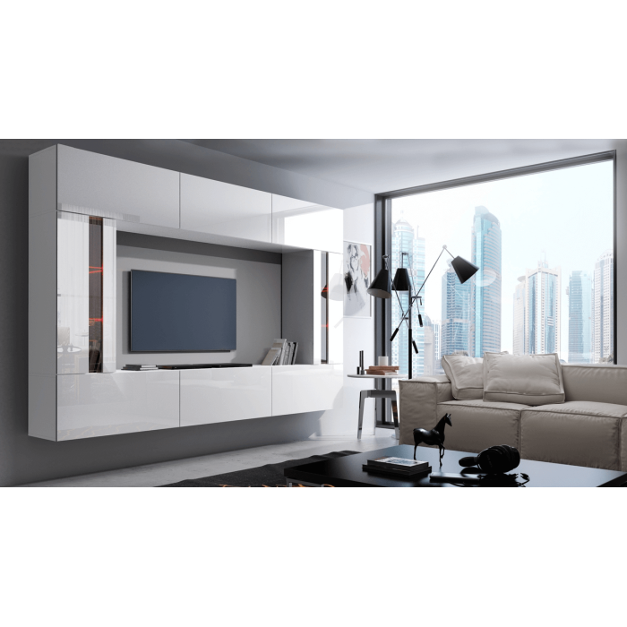 Ensemble de meubles de salon blanc, suspendus collection CEPTO XXVIII. 249cm, 8 meubles, leds, modulables.