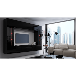 Ensemble de meubles de salon noir, suspendus collection CEPTO XXVIII. 249cm, 8 meubles, leds, modulables.