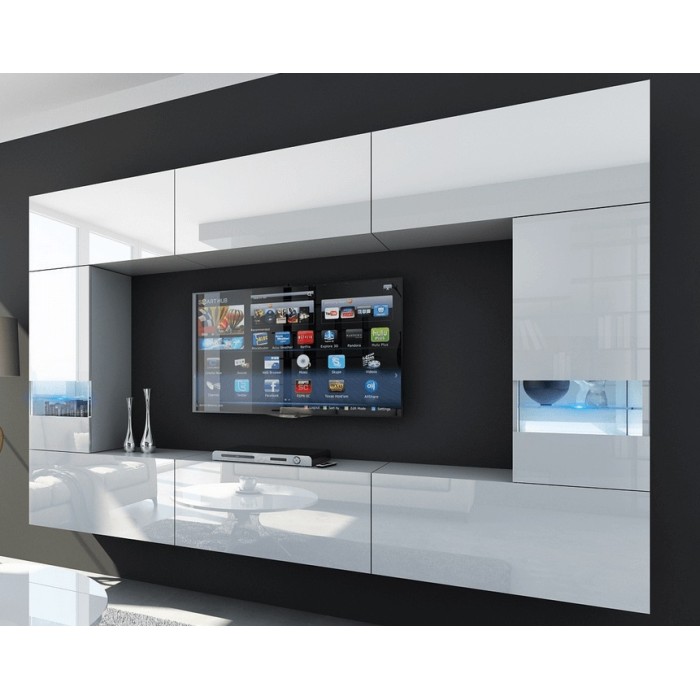 Ensemble de meubles de salon blanc, suspendus collection CEPTO XXIX. 249cm, 8 meubles, leds, modulables.